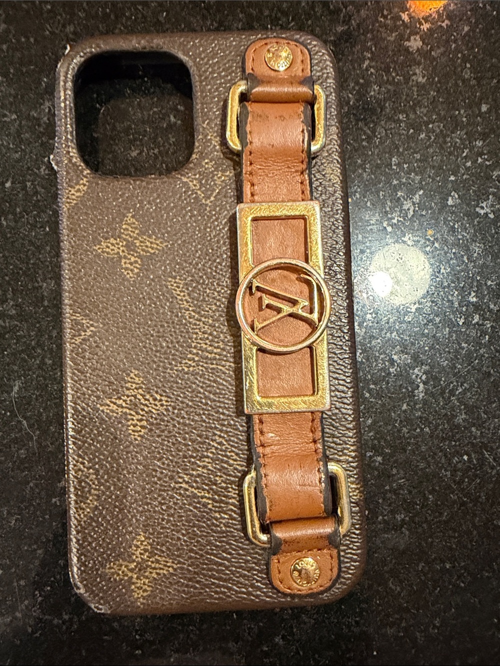 Louis Vuitton Brown Monogram Phone Case with Tan Leather Strap and Gold Hardware